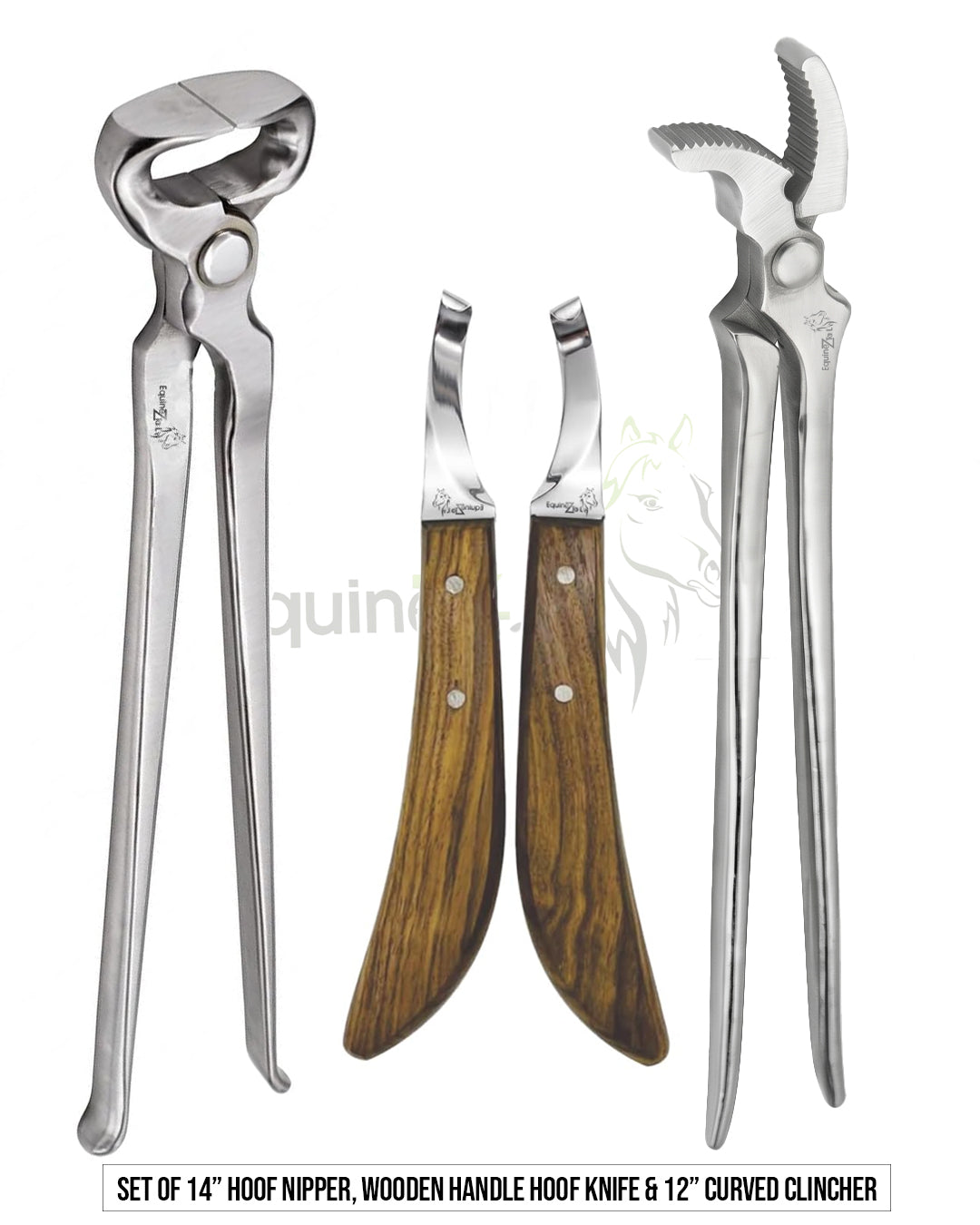 Farrier Tool Set- Hoof Nipper 14", Wooden Knife & Curved Clincher