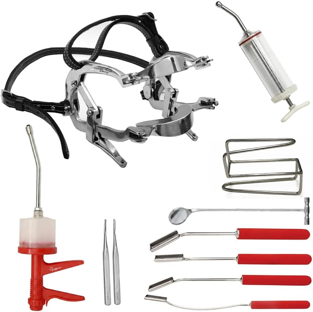Equine Dental Millennium Speculum with Drencher, Floats, Mirror & Check Retractor | Professional Horse Dental Instrument Kit for Equine Dentistry