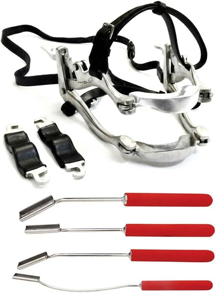 McPherson Equine Dental Speculum Kit – Stainless Steel Horse Mouth Gag with Leather Straps with 4-Pieces Dental Float Set with Blade,Veterinary Equine Dentistry Tools