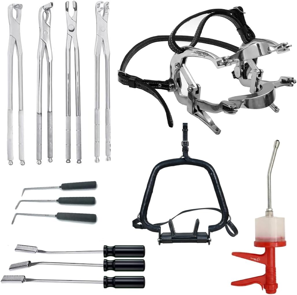 Professional Equine Dental Kit Set – Millennium Mouth Speculum, 4 Pcs Forceps, Adjustable Head Stand, Dental Picks, 300ml Equine Syringe & 3-Piece Float Set
