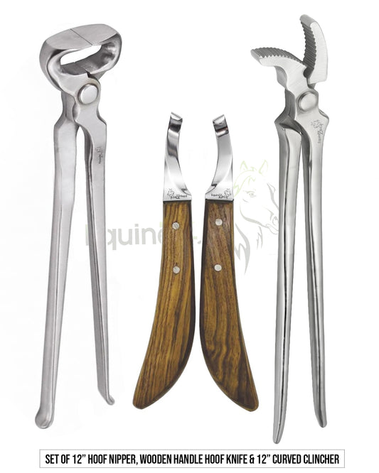 Farrier Tool Set_ Hoof nipper 12", Wooden Knife & Curved clincher