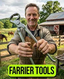 Man holding large metal tools with a farm background and 'Farrier Tools' text.