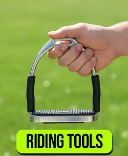 Hand holding a metal equestrian stirrup against a green background with 'Riding Tools' text.