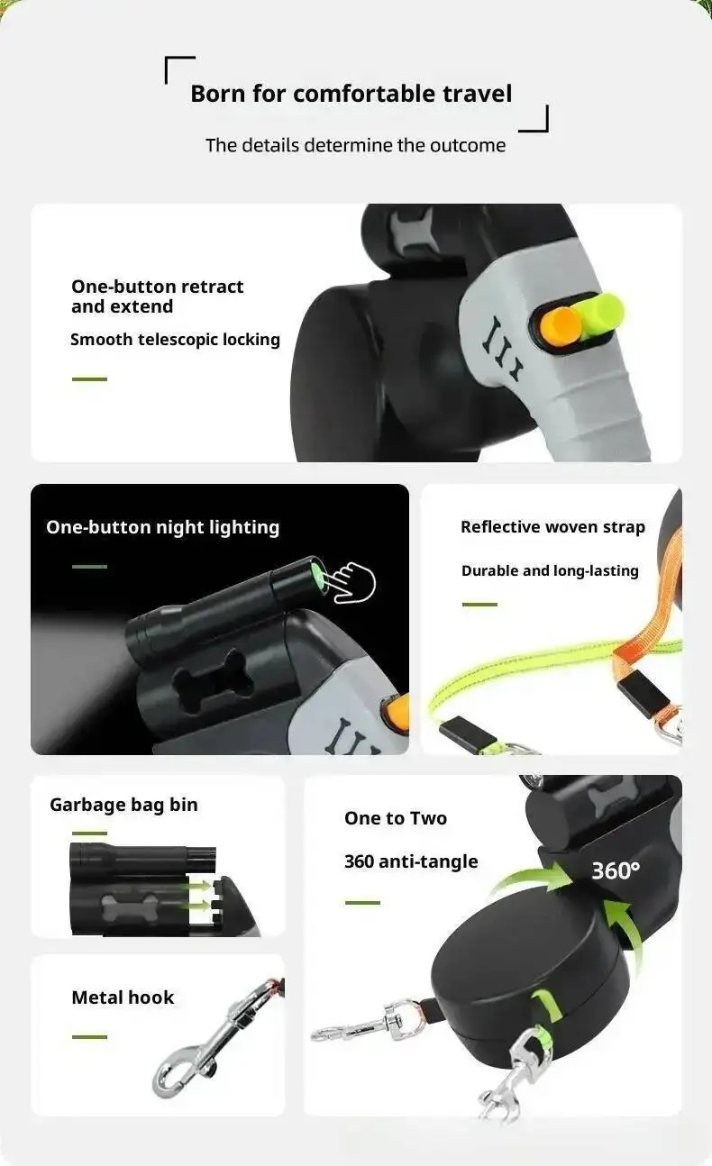Auto Retractable Double-Headed Dog Leash 3M Rope for 2 Dogs with LED Flashlight 360 Degree Dual Traction Rope Pet Supplies