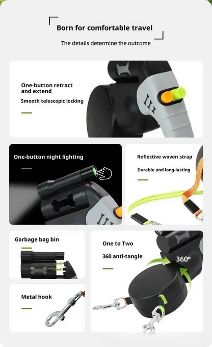 Auto Retractable Double-Headed Dog Leash 3M Rope for 2 Dogs with LED Flashlight 360 Degree Dual Traction Rope Pet Supplies
