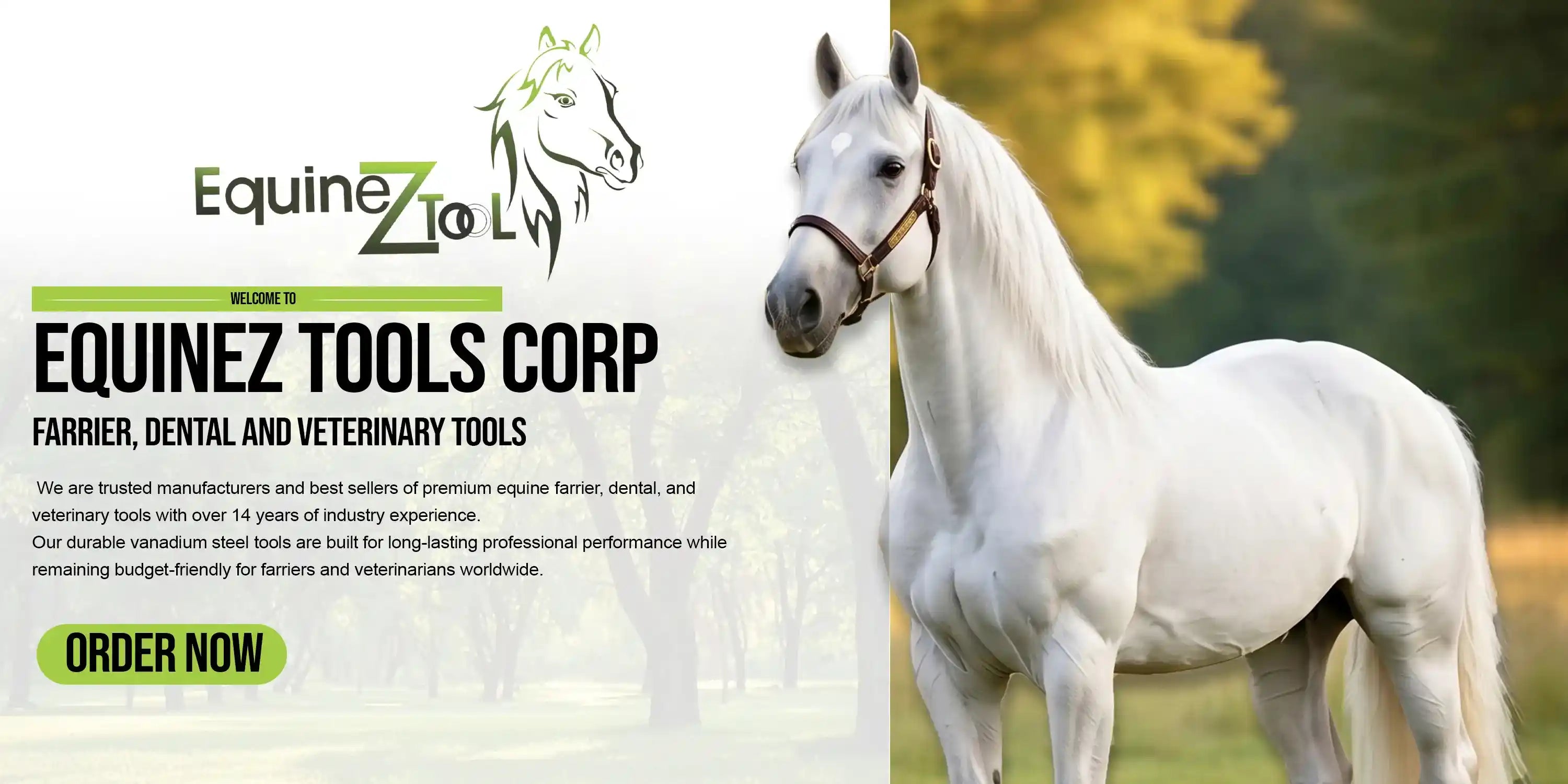 White horse standing in a field with Equinez Tools Corp advertisement on the left.